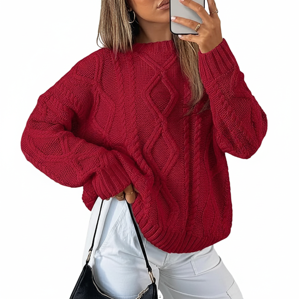 Oversized Cable Knit Sweater Crewneck Cozy Fall Pullover Top For Women