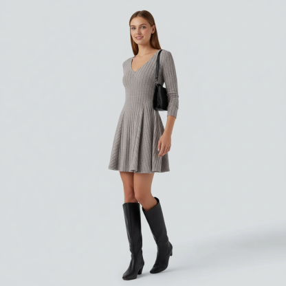 Ribbed Knit V Neck Long Sleeve Flare Mini Casual Dress
