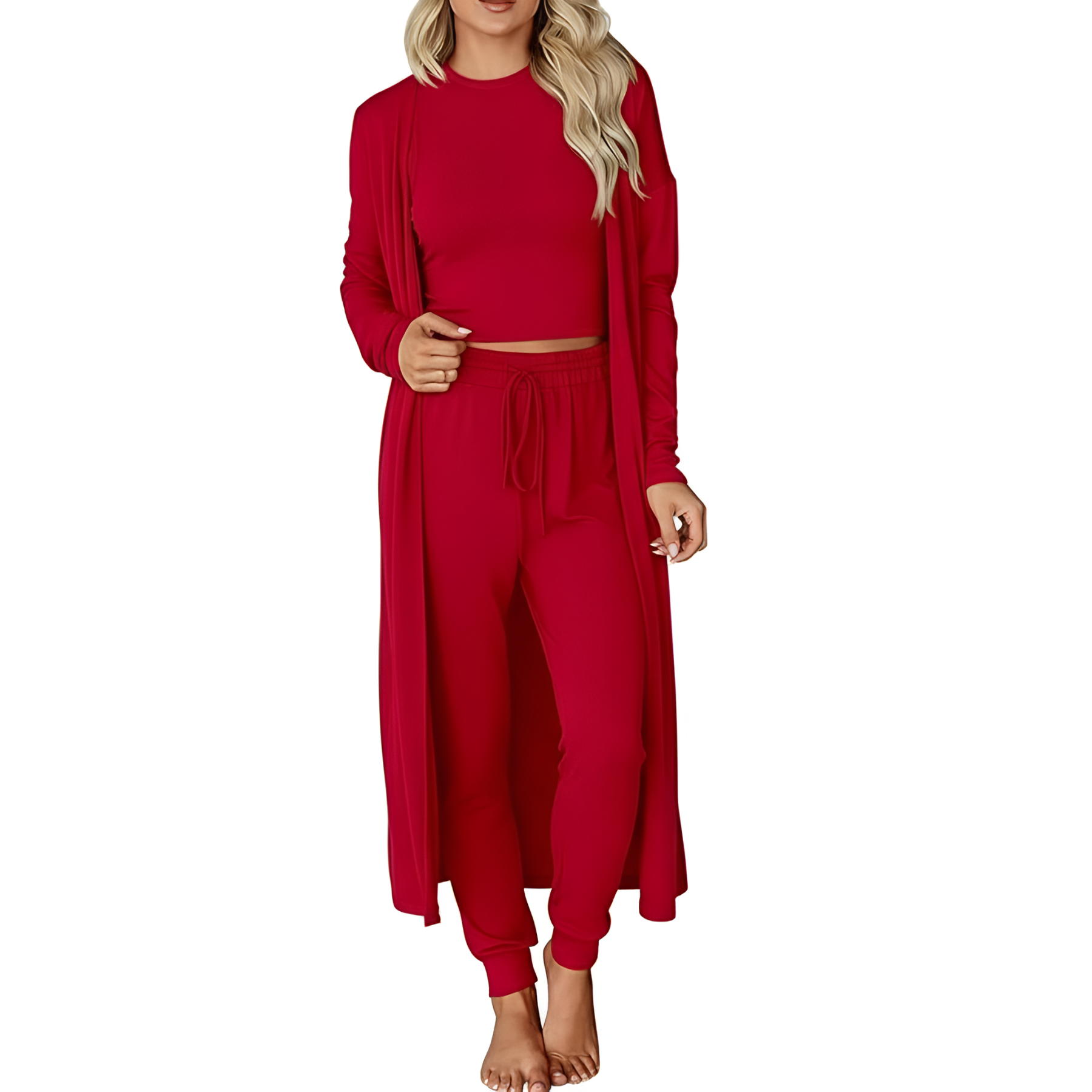 Three Piece Travel Lounge Set With Cardigan Matching Top And Jogger For Women