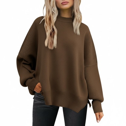 Oversized Batwing Knit Side Slit Pullover Sweater For Women