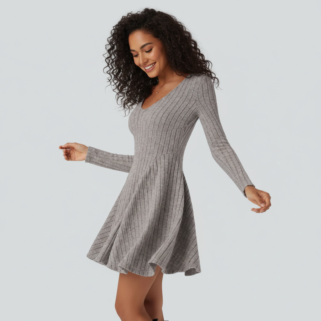 Ribbed Knit V Neck Long Sleeve Flare Mini Casual Dress