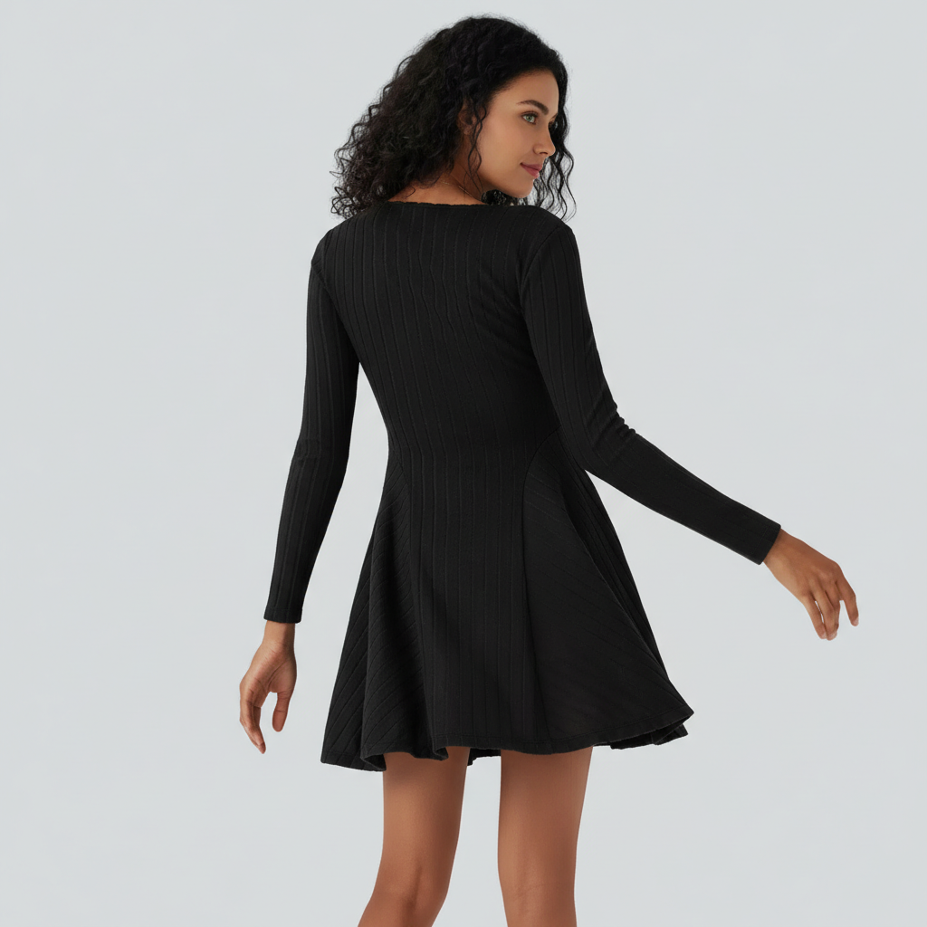Ribbed Knit V Neck Long Sleeve Flare Mini Casual Dress