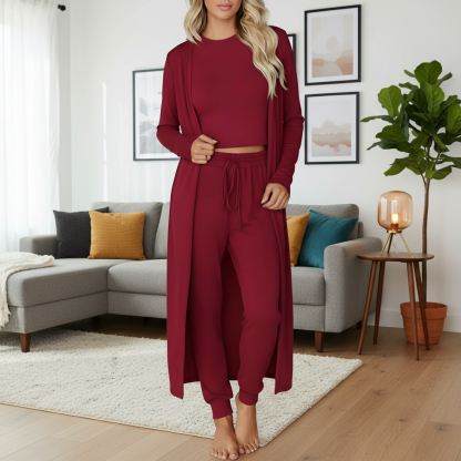 Three Piece Travel Lounge Set With Cardigan Matching Top And Jogger For Women