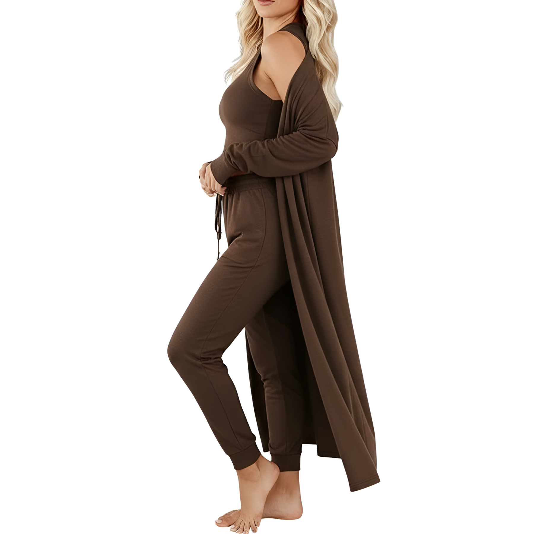 Three Piece Travel Lounge Set With Cardigan Matching Top And Jogger For Women