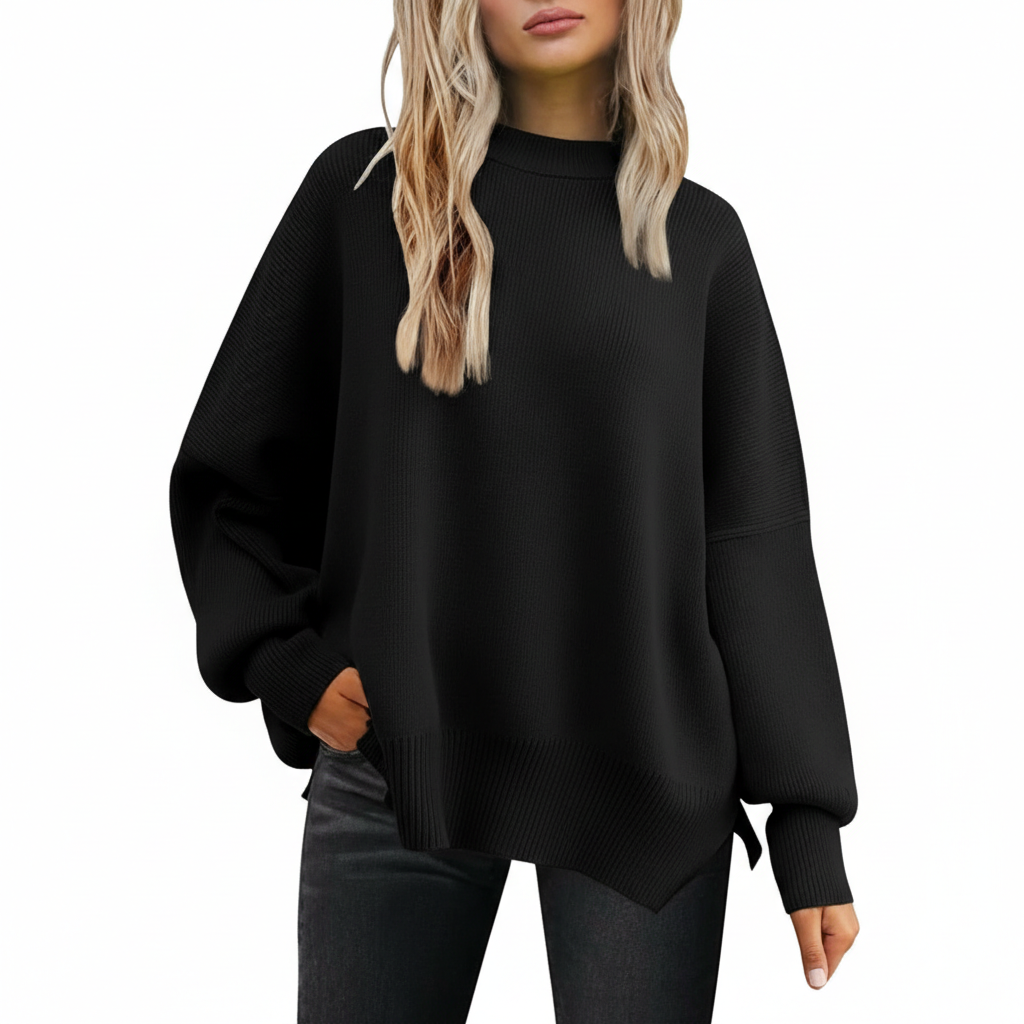 Oversized Batwing Knit Side Slit Pullover Sweater For Women