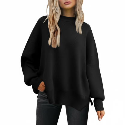 Oversized Batwing Knit Side Slit Pullover Sweater For Women