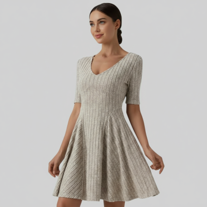 Ribbed Knit V Neck Long Sleeve Flare Mini Casual Dress