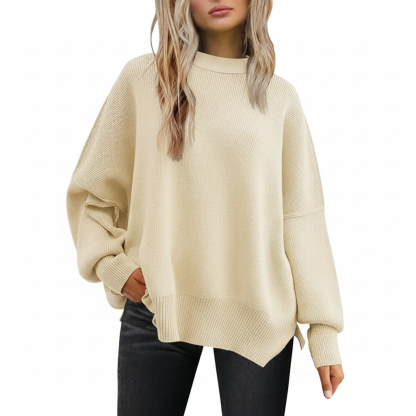 Oversized Batwing Knit Side Slit Pullover Sweater For Women
