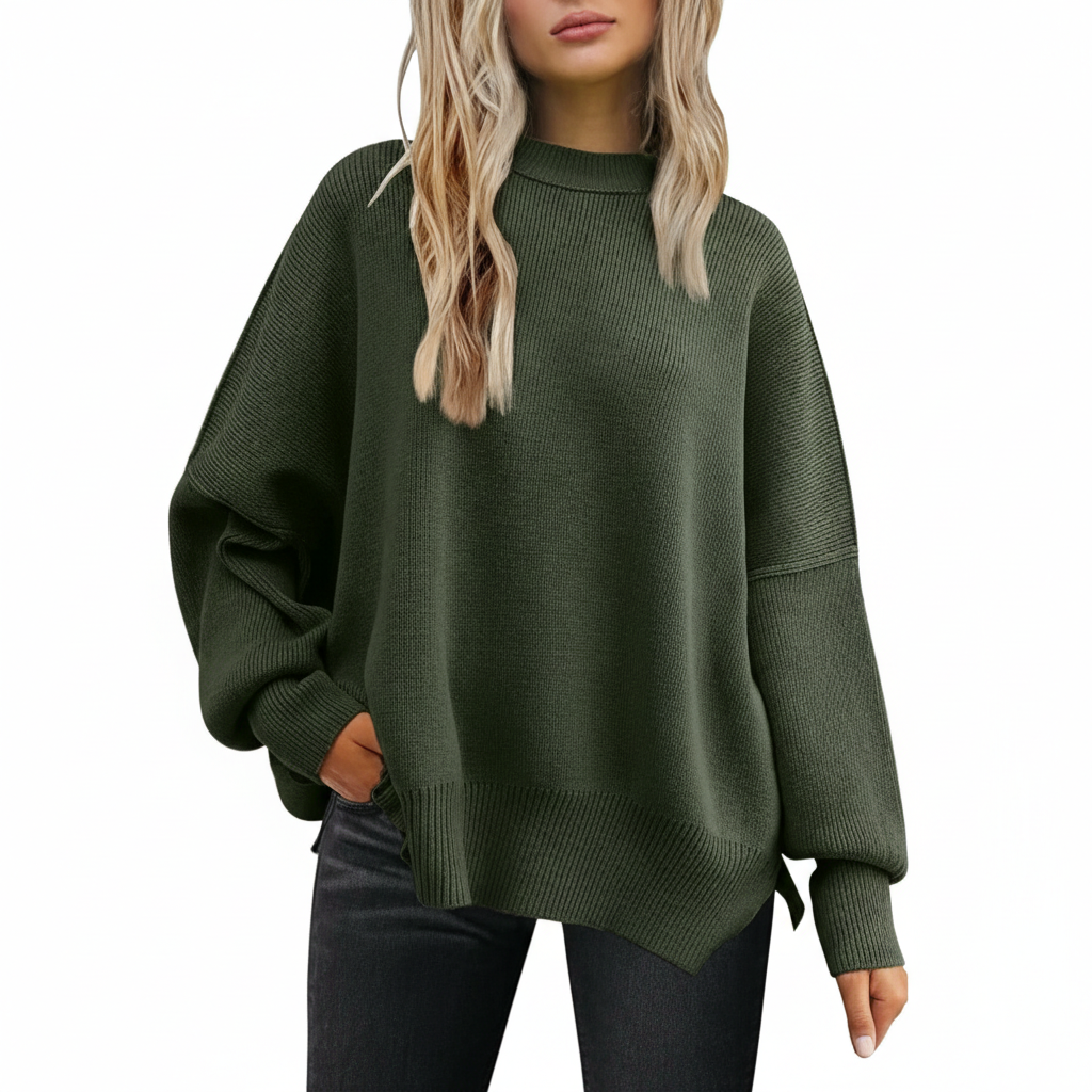 Oversized Batwing Knit Side Slit Pullover Sweater For Women