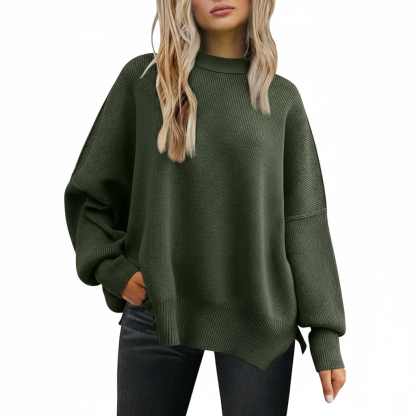 Oversized Batwing Knit Side Slit Pullover Sweater For Women