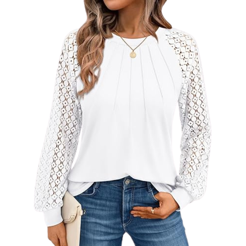 Long Sleeve Tops With Pleated Front And Lace Detail For Women