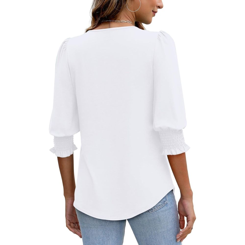 Dressy Casual 3/4 Length Sleeve Women's Tops with Smocked Cuffs
