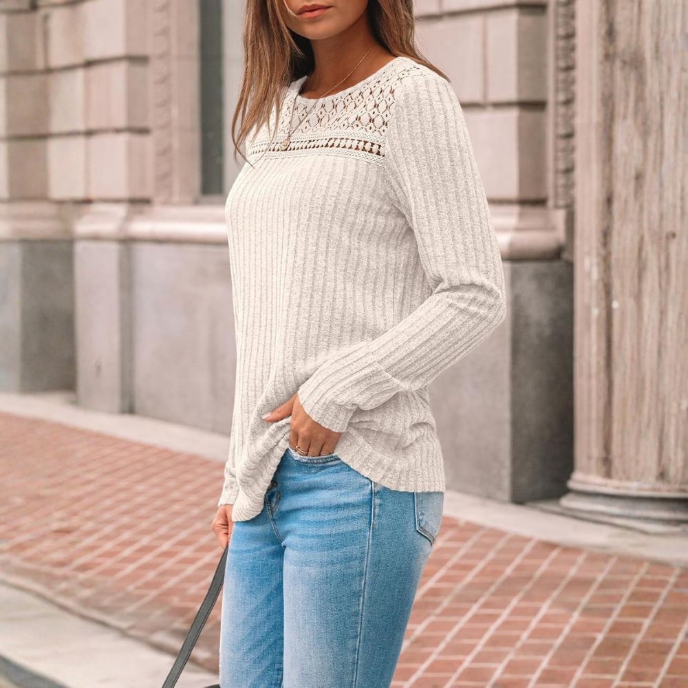 Women's Lace Long Sleeve Shirt Fall Top Fashion Casual Tunic Sweaters Mesh