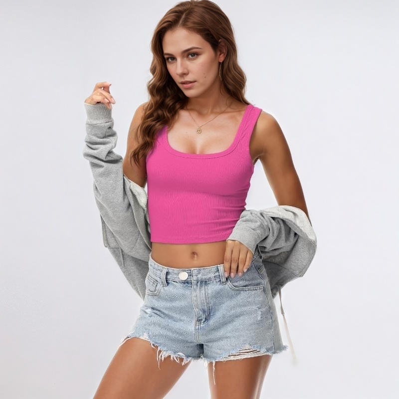 Womens Sleeveless Fitted Tank Top Square Ribbed Basic Tee
