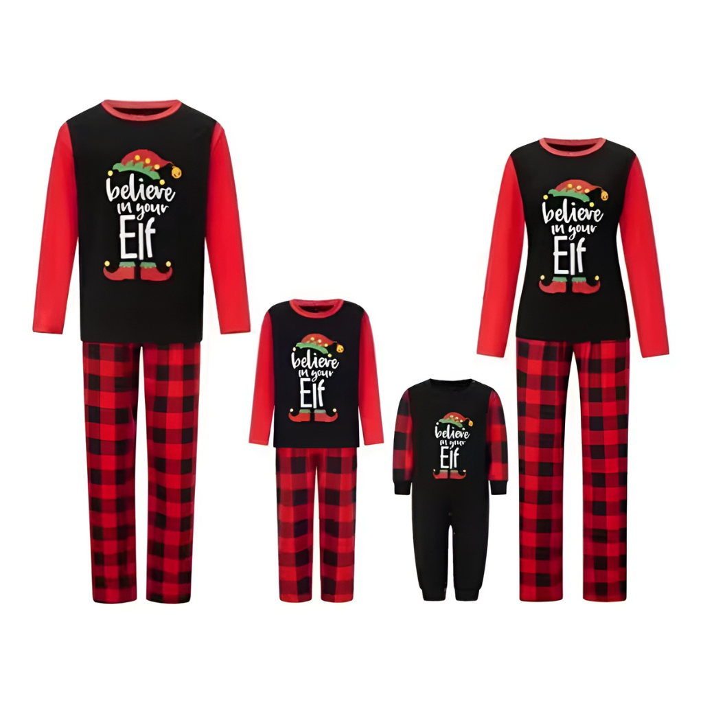 Christmas Letter and Plaid Printed Long Sleeve Tee and Bottom Loungewear Family Matching Pajama Sets