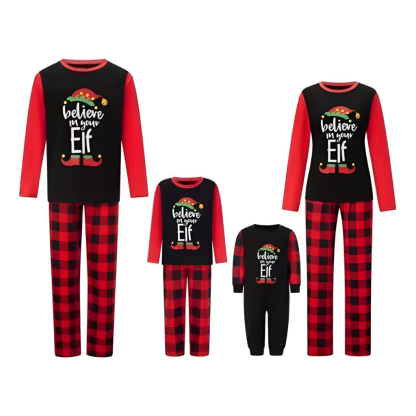 Christmas Letter and Plaid Printed Long Sleeve Tee and Bottom Loungewear Family Matching Pajama Sets