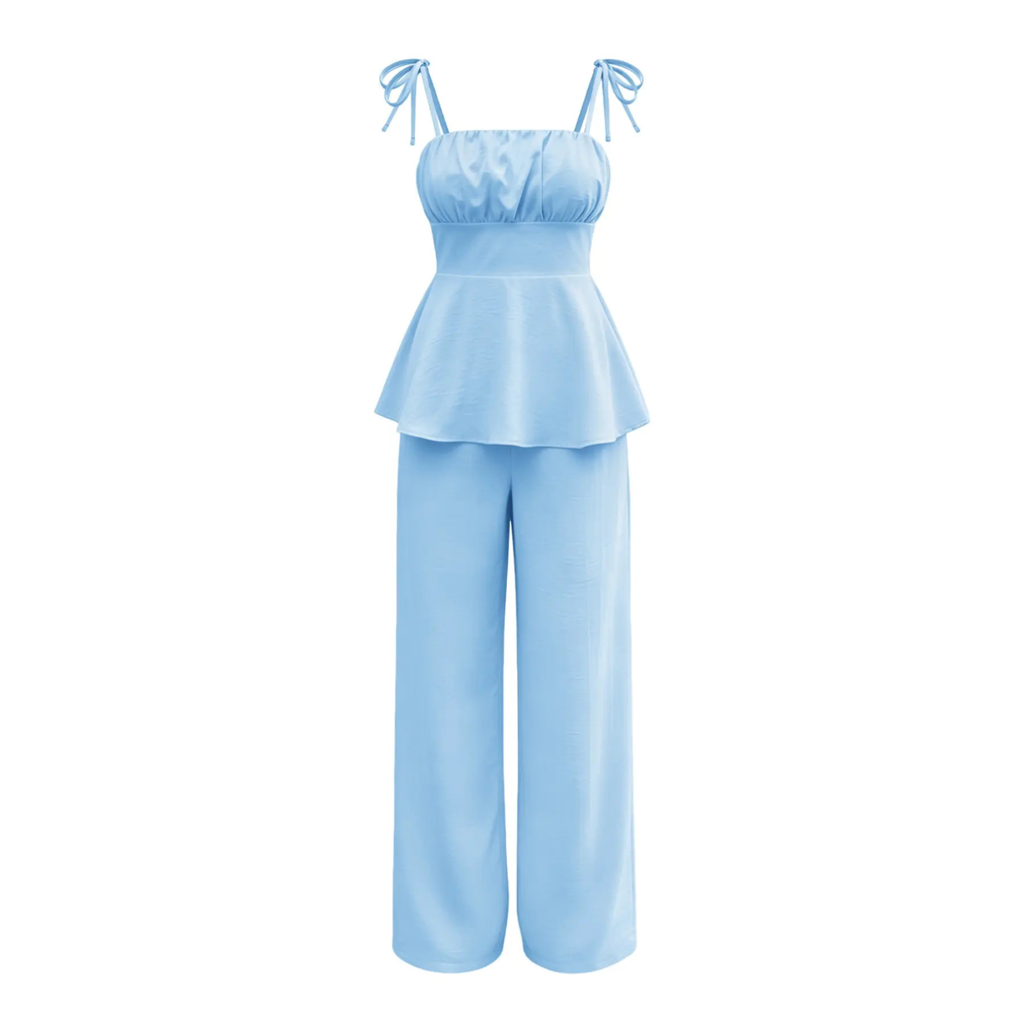 Casual Simple Ruffled Spaghetti Strap Cami Top And Pants Set