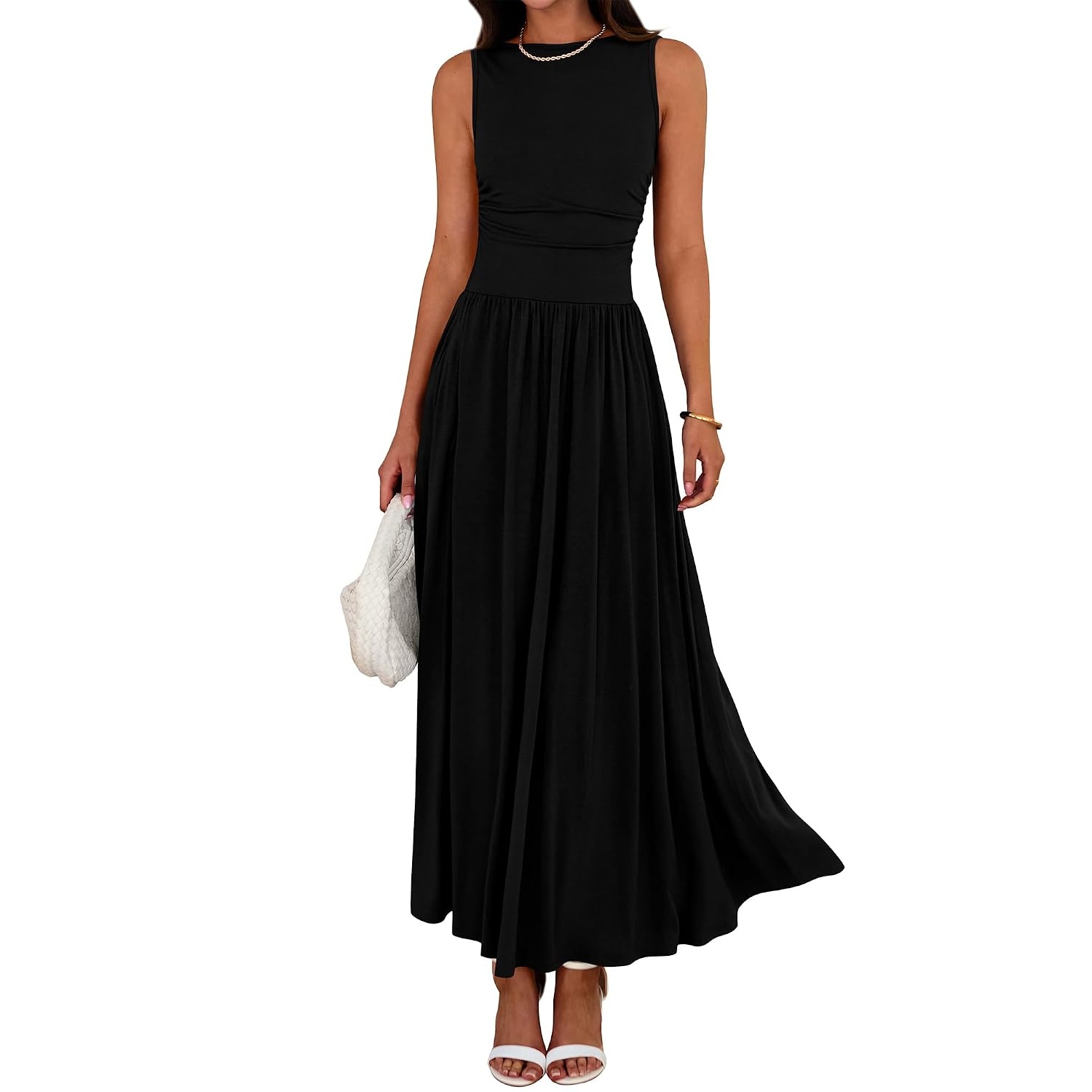 Casual Sleeveless Ruched High Rise Long Dress For Women