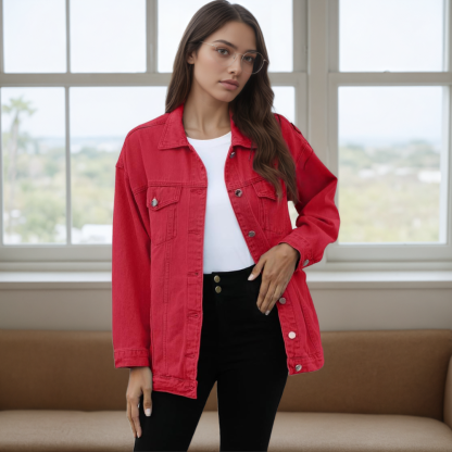 Women’s Oversized Mid Long Denim Jacket Casual Jean Biker Coat
