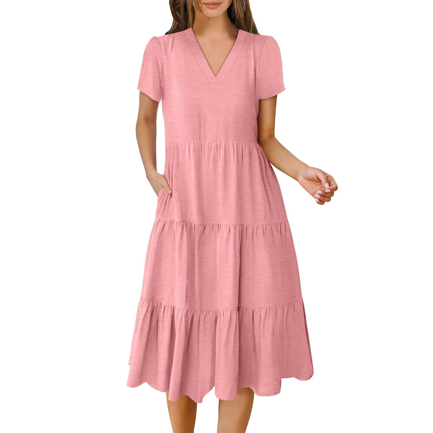 Casual Short Sleeve Tiered Boho Beach Midi Dress For Women