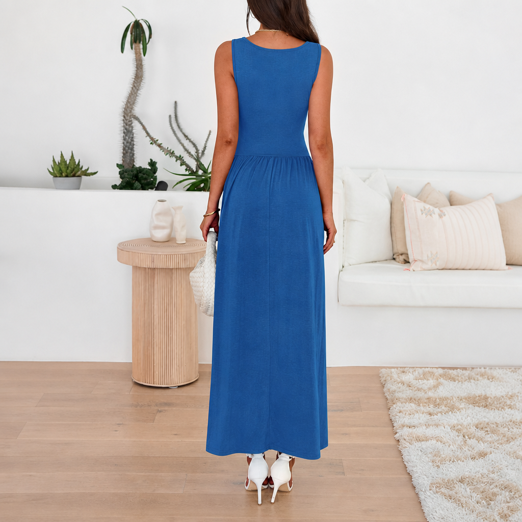 Casual Sleeveless Ruched High Rise Long Dress For Women