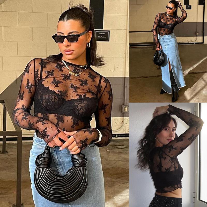 SCUSTY Women's Lace Mesh Tops Long Sleeve Floral Lace Blouse Sheer Mesh Mock Neck Layering Top  with Cowl Neckline & Floral Embroidery for Stylish Layering