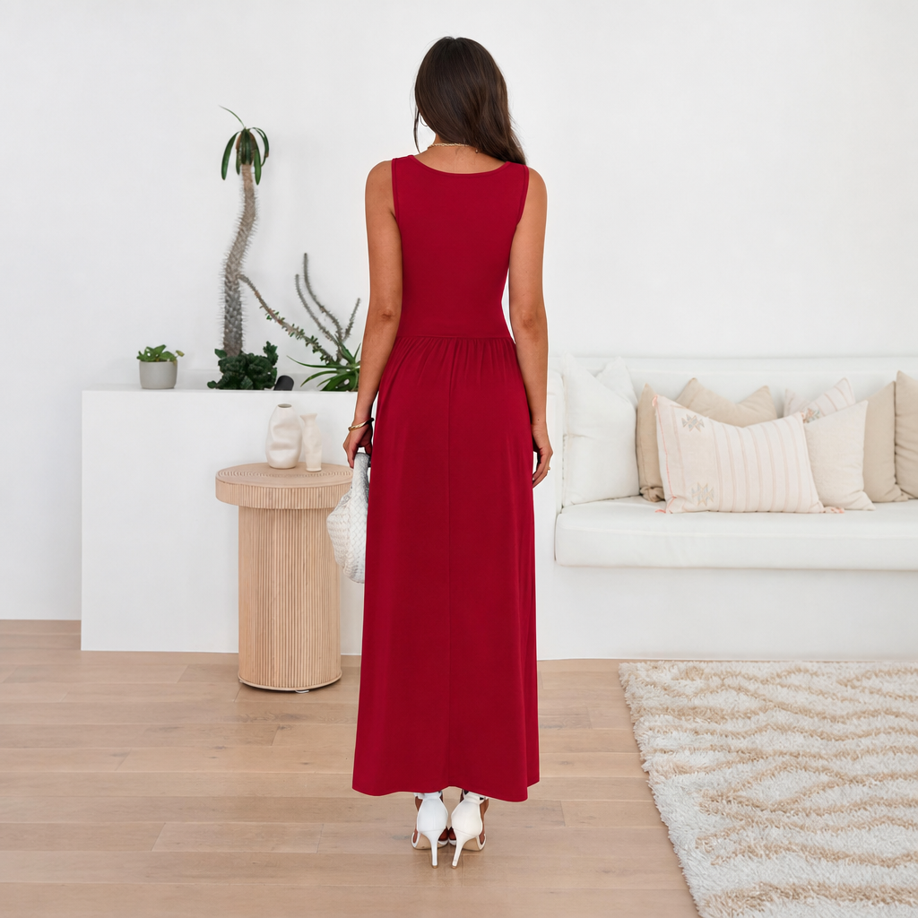 Casual Sleeveless Ruched High Rise Long Dress For Women