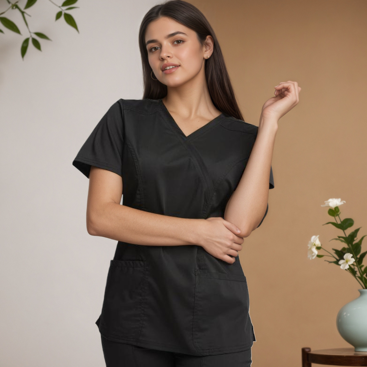 Women Scrubs Mock Wrap Top With 3 Pockets
