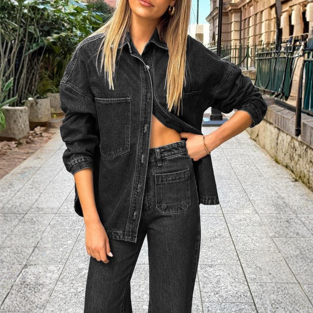 Casual Denim Shirt With Front Button Closure And Dual Pockets For Women