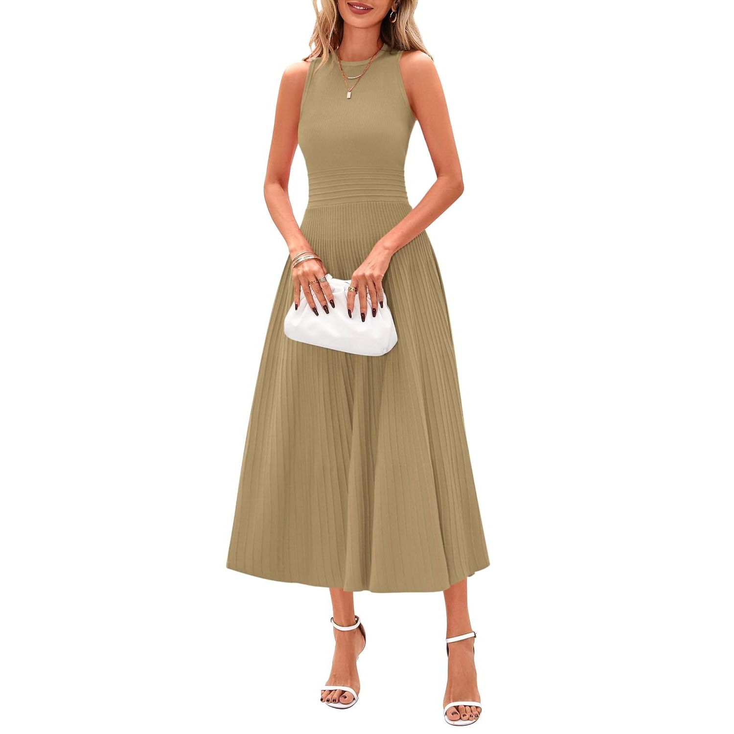 Casual Sleeveless Midi Dress With Pleated Design For Women