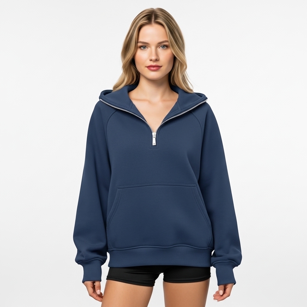 Half Zip Fleece Hoodie Sweatshirt With Oversized Fit Style For Women