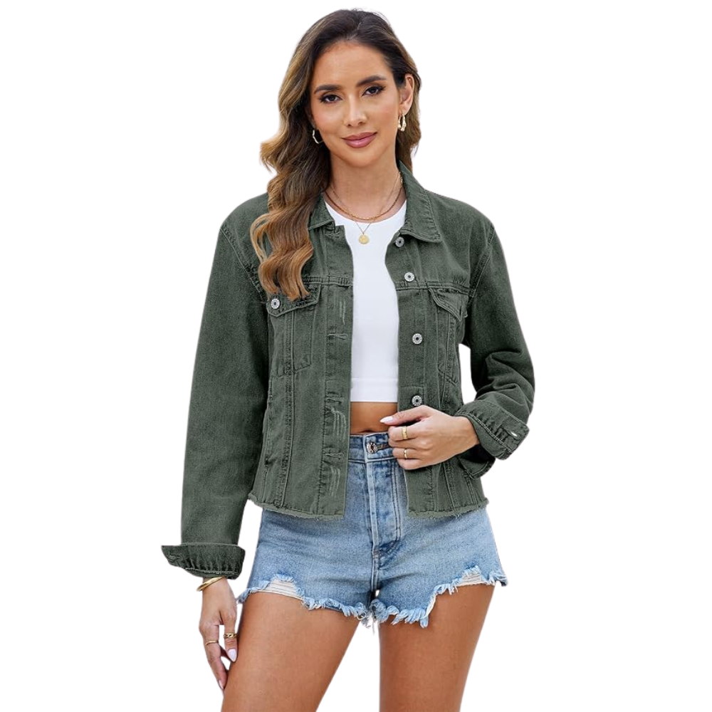 Women’s Distressed Denim Jacket Vintage Button Up Trucker Style