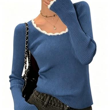 Casual Ribbed Knit Fitted Sweater Top For Women