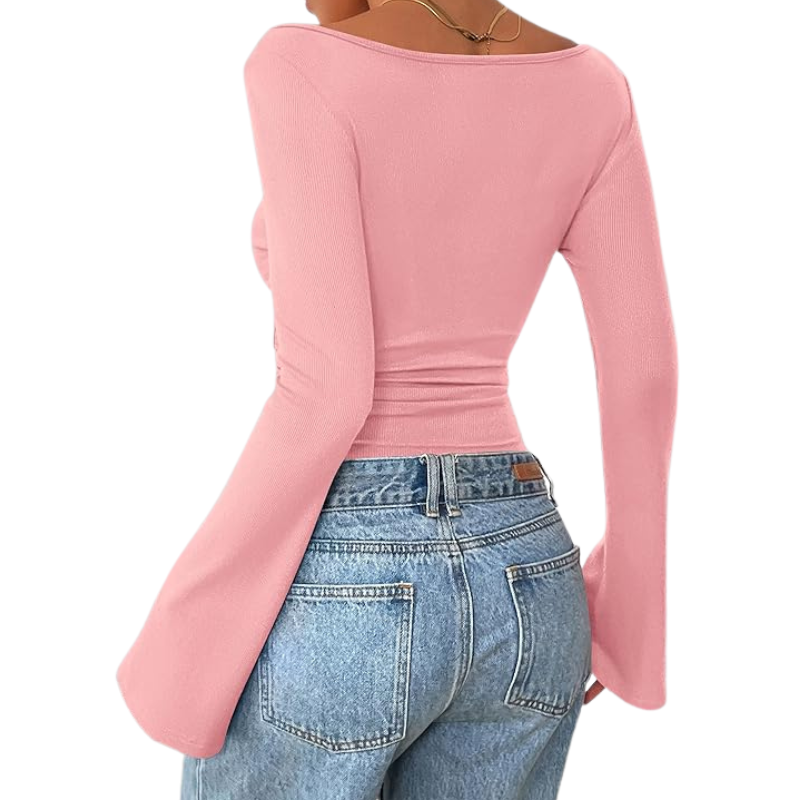 Womens Long Sleeve Shirts Tops Casual Boat Neck Bell Sleeve