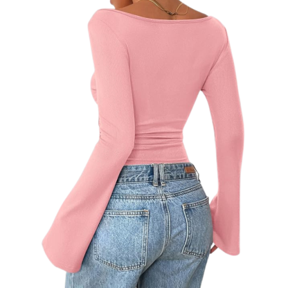 Womens Long Sleeve Shirts Tops Casual Boat Neck Bell Sleeve