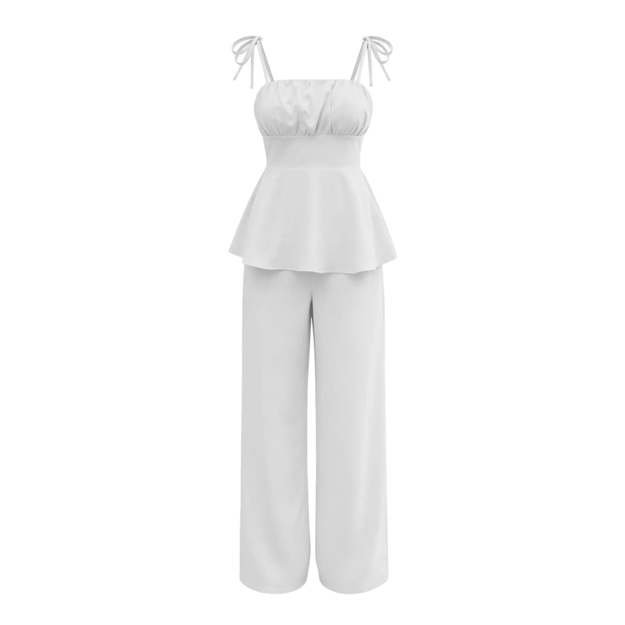 Casual Simple Ruffled Spaghetti Strap Cami Top And Pants Set