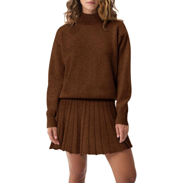 Women's Two Piece Outfits Turtleneck Long Sleeve Ribbed Knit Tops Pleated Mini Skirt 2026 Casual Sweater Sets