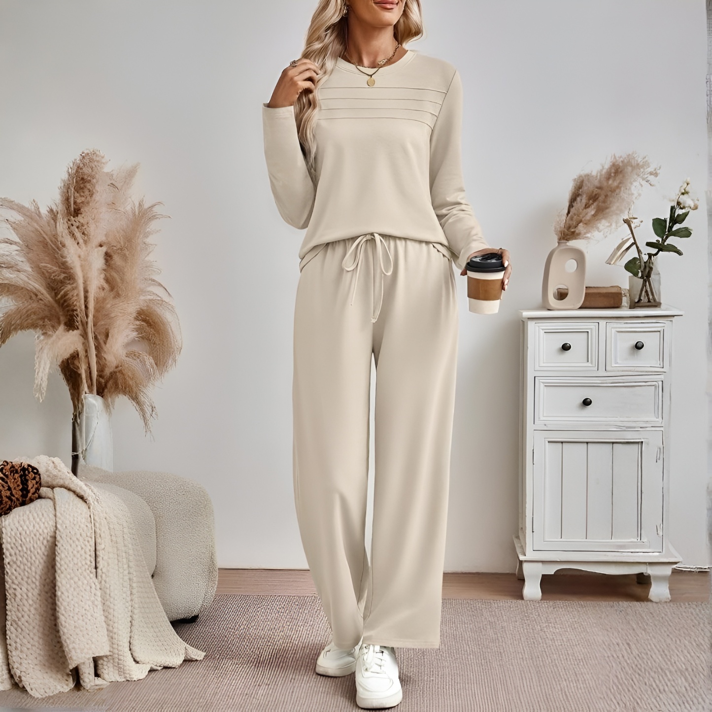 Two Piece Lounge Sets For Women With Comfortable Sweatshirt And Wide Matching Pants