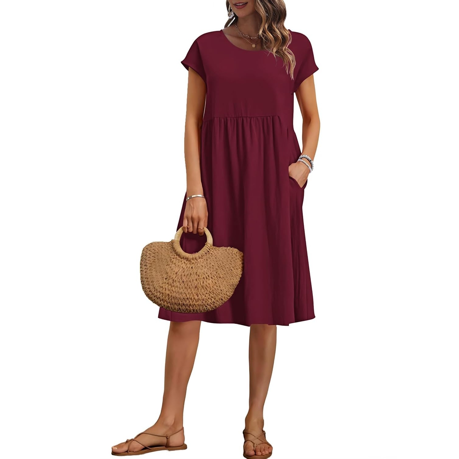 Cap Sleeve A Line Dress with Pockets for Women