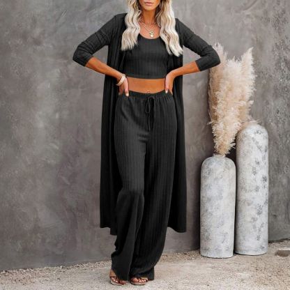 Women's 3 Piece Lounge Sets Pajamas Knit Long Sleeve Cardigan Crop Top Wide Leg Pants