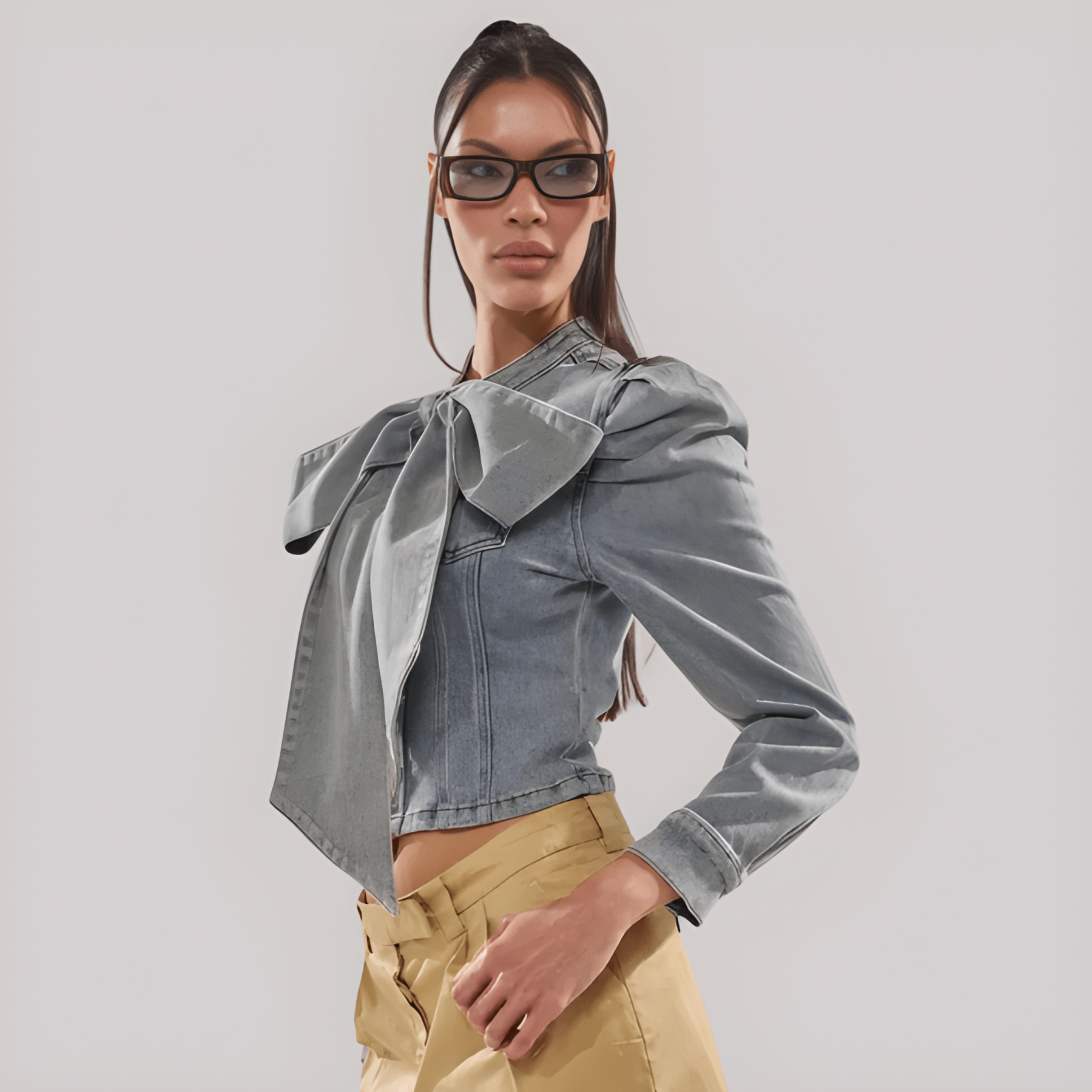 Denim Bow Top With Long Puff Sleeves For Women