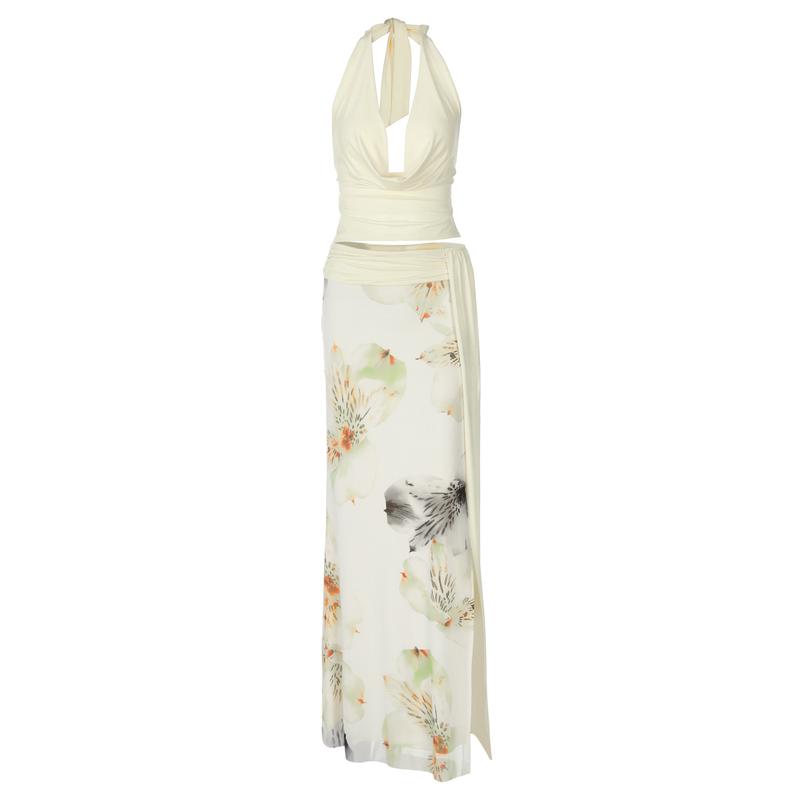 Floral Printed Tank Top And Long Skirt Set For Women