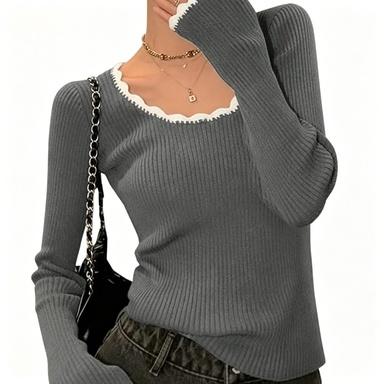 Casual Ribbed Knit Fitted Sweater Top For Women