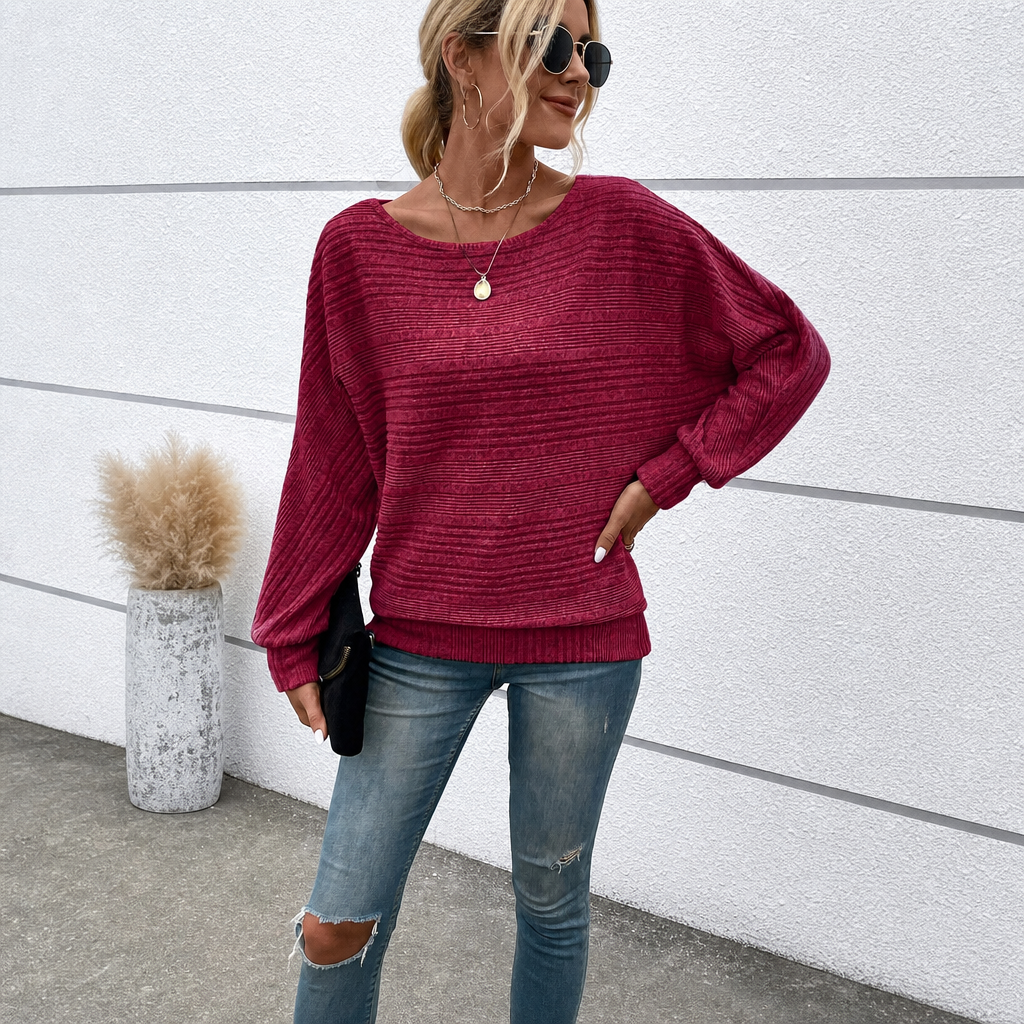 Textured Ribbed Knit Long Sleeve Top For Women