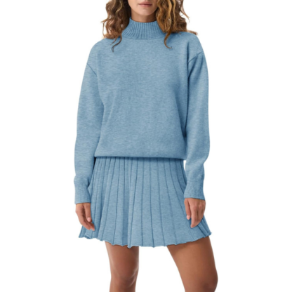 Women's Two Piece Outfits Turtleneck Long Sleeve Ribbed Knit Tops Pleated Mini Skirt 2026 Casual Sweater Sets