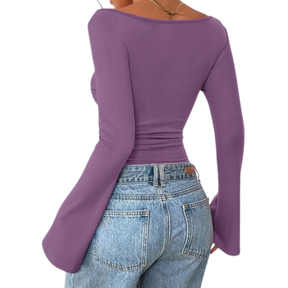 Womens Long Sleeve Shirts Tops Casual Boat Neck Bell Sleeve