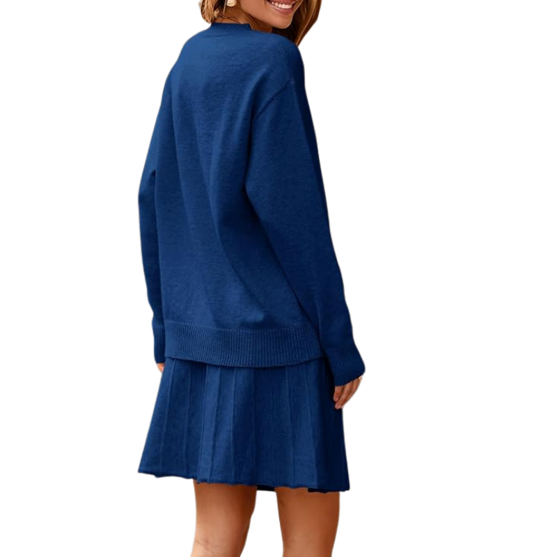 Womens Skirt 2 Piece Sweater Set Long Sleeve Crewneck Sweaters Pleated Mini Skirt Knit Lounge Sets