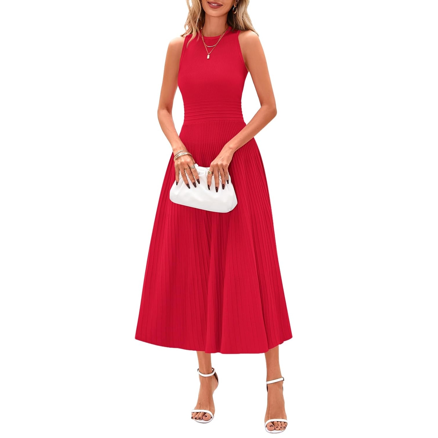 Casual Sleeveless Midi Dress With Pleated Design For Women