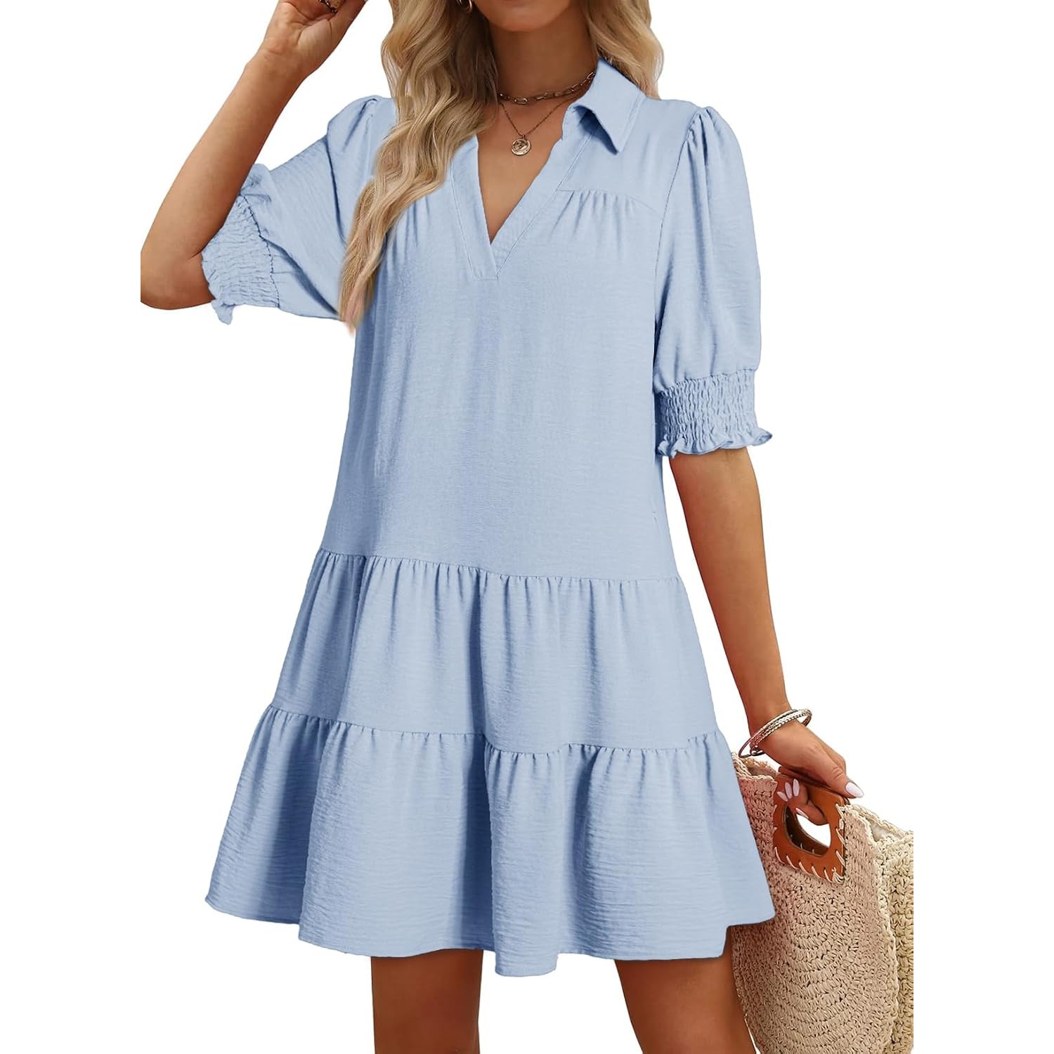 Casual Pleated Summer Lapel Collared Mid Sleeved Dress