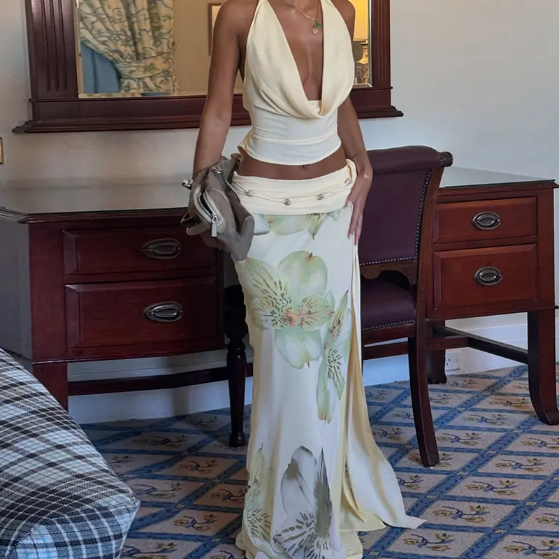 Floral Printed Tank Top And Long Skirt Set For Women